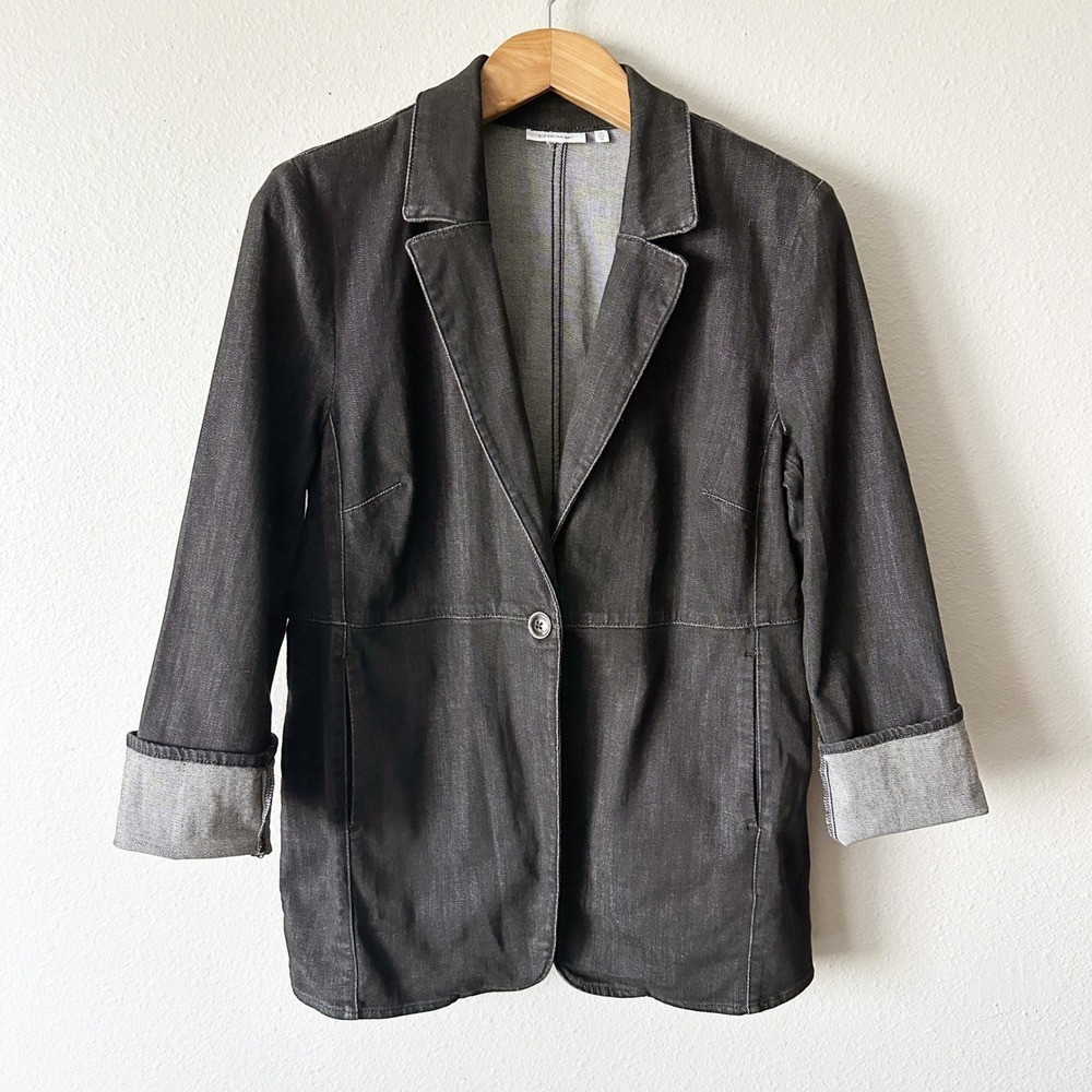 Chico's Size 2 Black Denim Blazer Jacket Cuffed Sleeves Women's Size 12